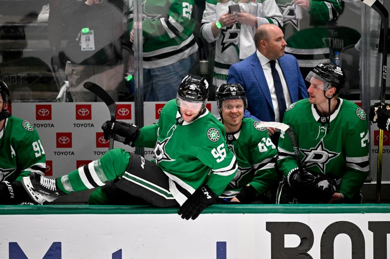 May 3, 2025; Dallas, Texas, USA; Dallas Stars right wing Mikko Rantanen (96) hops off the bench as center Mikael Granlund (64) and center Roope Hintz (24) look on as time expires during the third period against the Colorado Avalanche in game seven of the first round of the 2025 Stanley Cup Playoffs at American Airlines Center. Mandatory Credit: Jerome Miron-Imagn Images