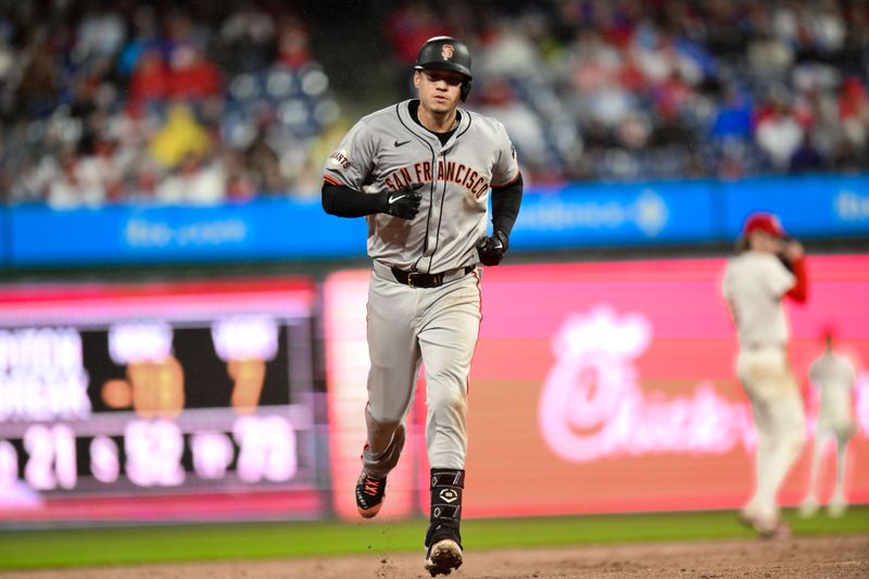 May 4, 2024; Philadelphia, Pennsylvania, USA; San Francisco Giants first baseman Wilmer Flores (41) rounds the bases after hitting a two-run home run against the Philadelphia Phillies during the fifth inning at Citizens Bank Park. Mandatory Credit: John Jones-USA TODAY Sports