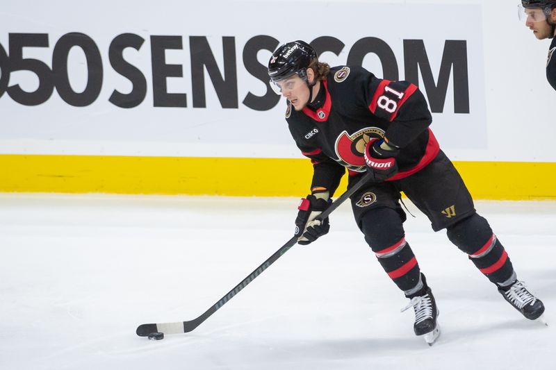 Sep 26, 2024; Ottawa, Ontario, CAN; Ottawa Senators right wing Adam Gaudette (81) skates with the puck in the third period against the Buffalo Sabres at the Canadian Tire Centre. Mandatory Credit: Marc DesRosiers-Imagn Images