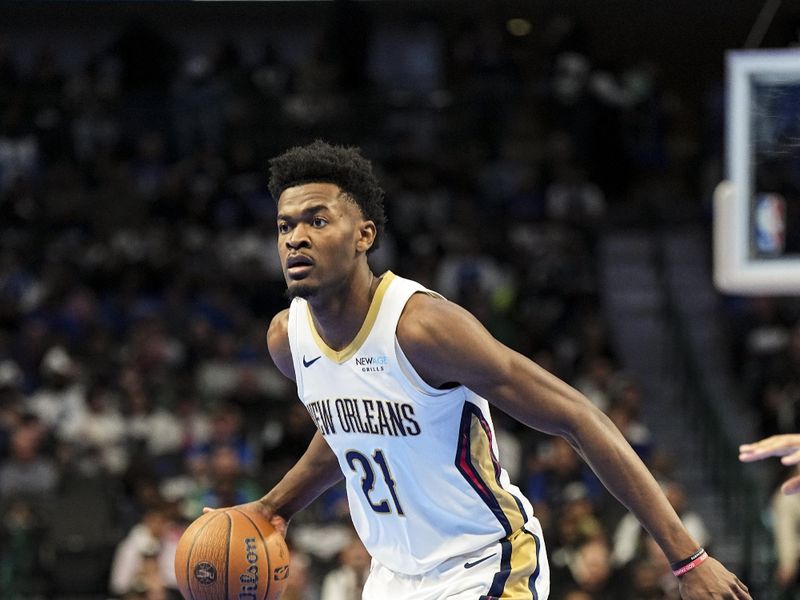 DALLAS, TX - November 19: Yves Missi #21 of the New Orleans Pelicans dribbles the ball during the NBA Cup game against the Dallas Mavericks on November 19, 2024 at American Airlines Center in Dallas, Texas. NOTE TO USER: User expressly acknowledges and agrees that, by downloading and or using this photograph, User is consenting to the terms and conditions of the Getty Images License Agreement. Mandatory Copyright Notice: Copyright 2024 NBAE (Photo by Glenn James/NBAE via Getty Images)