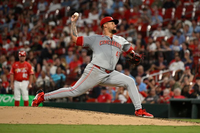 Jun 28, 2024; St. Louis, Missouri, USA; Cincinnati Reds pitcher Frankie Montas (47) throws against the St. Louis Cardinals during the fifth inning at Busch Stadium. Mandatory Credit: Jeff Le-USA TODAY Sports