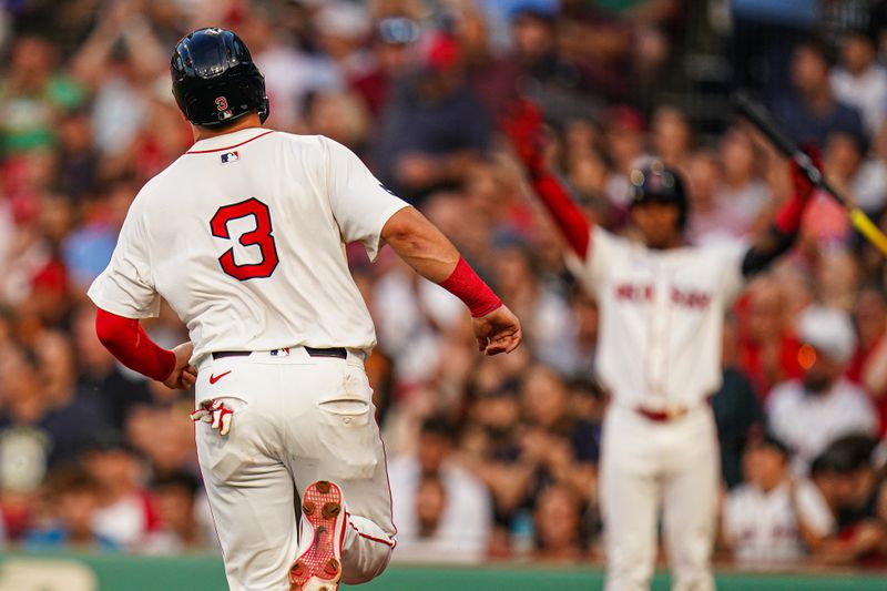 Jun 13, 2024; Boston, Massachusetts, USA; Boston Red Sox catcher Reese McGuire (3) scores against the Philadelphia Phillies in the second inning at Fenway Park. Mandatory Credit: David Butler II-USA TODAY Sports