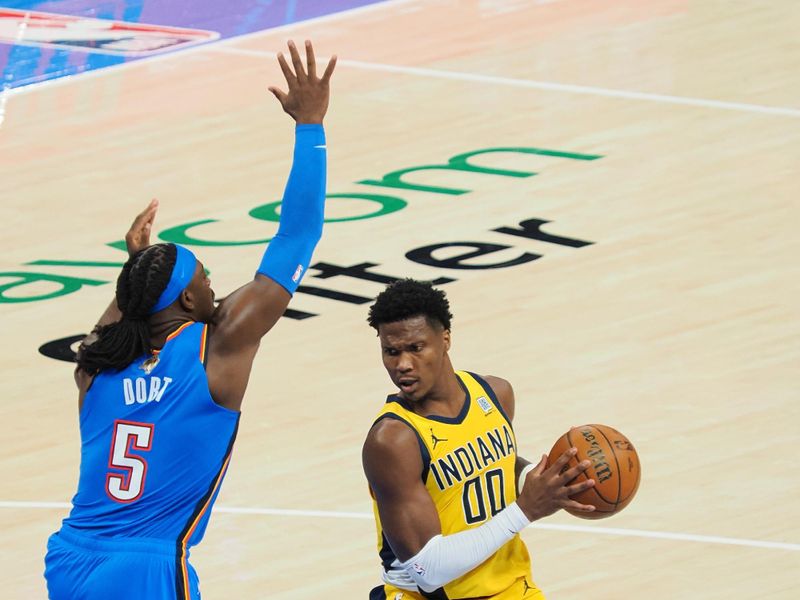 OKLAHOMA CITY, OK - JUNE 8: Bennedict Mathurin #00 of the Indiana Pacers drives to the basket during the game against the Oklahoma City Thunder during Game Two of the 2025 NBA Finals on June 8, 2025 at Paycom Center in Oklahoma City, Oklahoma. NOTE TO USER: User expressly acknowledges and agrees that, by downloading and or using this photograph, User is consenting to the terms and conditions of the Getty Images License Agreement. Mandatory Copyright Notice: Copyright 2025 NBAE (Photo by Ron Hoskins/NBAE via Getty Images)