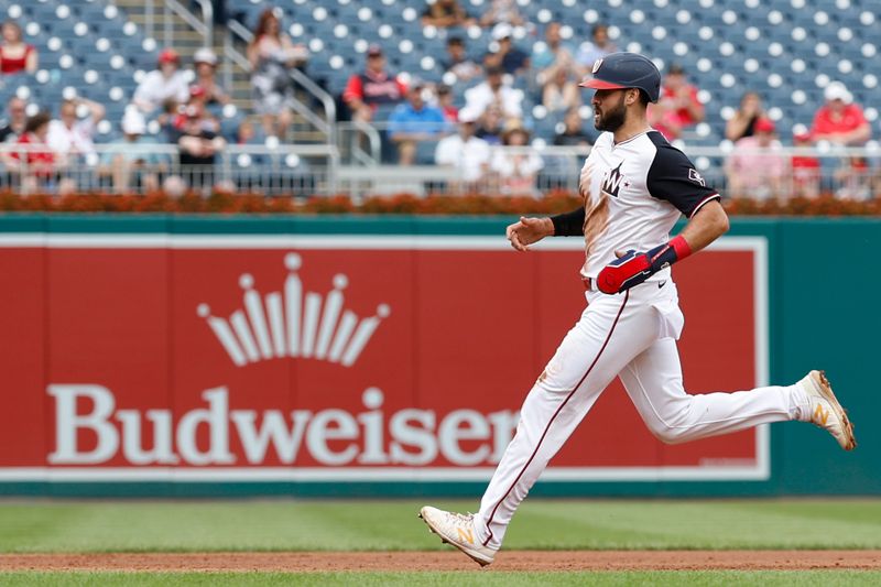 Aug 22, 2024; Washington, District of Columbia, USA; Washington Nationals first baseman Joey Gallo (24) advances to third base on a single by Nationals outfielder Alex Call (not pictured) against the Colorado Rockies during the third inning at Nationals Park. Mandatory Credit: Geoff Burke-USA TODAY Sports