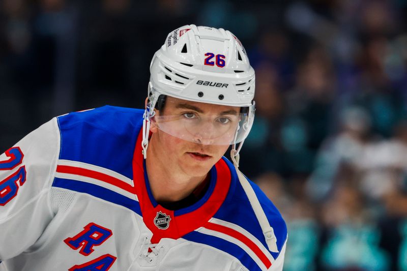 Nov 17, 2024; Seattle, Washington, USA; New York Rangers left wing Jimmy Vesey (26) participates in pregame warmups against the Seattle Kraken at Climate Pledge Arena. Mandatory Credit: Joe Nicholson-Imagn Images