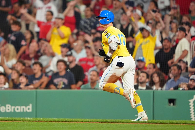 Jul 27, 2024; Boston, Massachusetts, USA; Boston Red Sox left fielder Tyler O'Neill (17) watches his home run against the New York Yankees during the fifth inning at Fenway Park. Mandatory Credit: Gregory Fisher-USA TODAY Sports