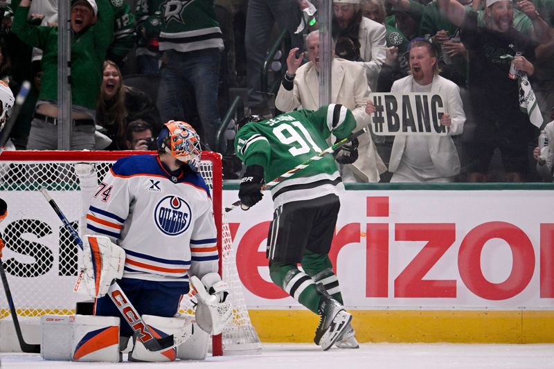 May 21, 2025; Dallas, Texas, USA; Dallas Stars center Tyler Seguin (91) reacts after scoring a goal against the Edmonton Oilers in the third period during game one of the Western Conference Final of the 2025 Stanley Cup Playoffs at American Airlines Center. Mandatory Credit: Jerome Miron-Imagn Images