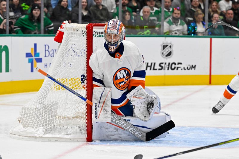 Feb 26, 2024; Dallas, Texas, USA; New York Islanders goaltender Ilya Sorokin (30) faces the Dallas Stars attack during the second period at the American Airlines Center. Mandatory Credit: Jerome Miron-USA TODAY Sports