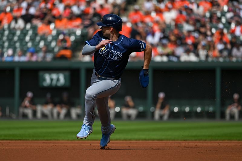 Jun 1, 2024; Baltimore, Maryland, USA;  Tampa Bay Rays outfielder Richie Palacios (1) advances to third base during the first inning against the Baltimore Orioles at Oriole Park at Camden Yards. Mandatory Credit: Tommy Gilligan-USA TODAY Sports