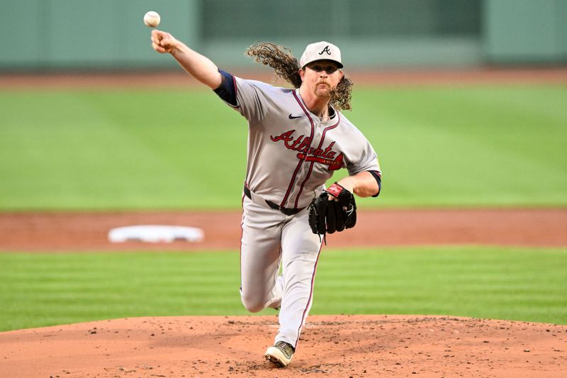 May 17, 2025; Boston, Massachusetts, USA; Atlanta Braves starting pitcher Grant Holmes (66) pitches against the Boston Red Sox during the first inning at Fenway Park. Mandatory Credit: Brian Fluharty-Imagn Images