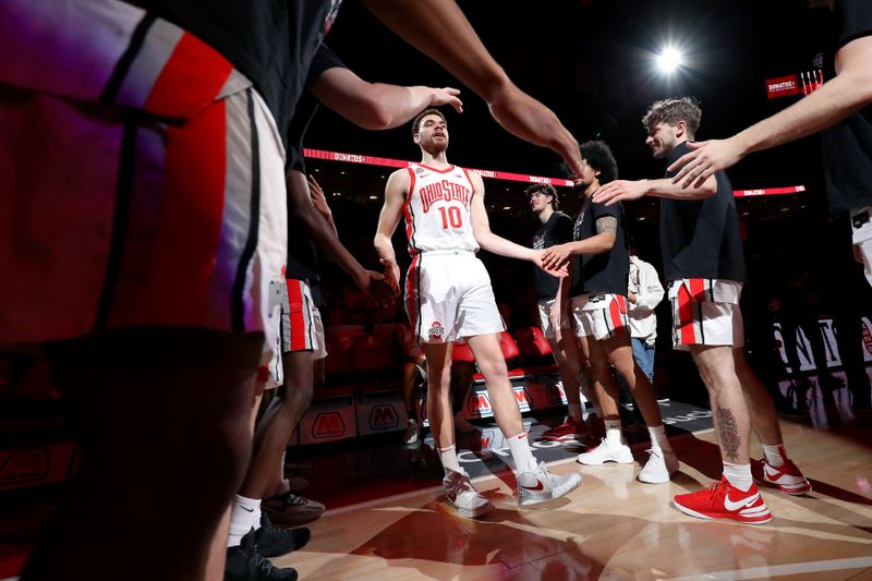 Feb 29, 2024; Columbus, Ohio, USA;  Ohio State Buckeyes forward Jamison Battle (10) takes the floor during the first half against the Nebraska Cornhuskers at Value City Arena. Mandatory Credit: Joseph Maiorana-USA TODAY Sports