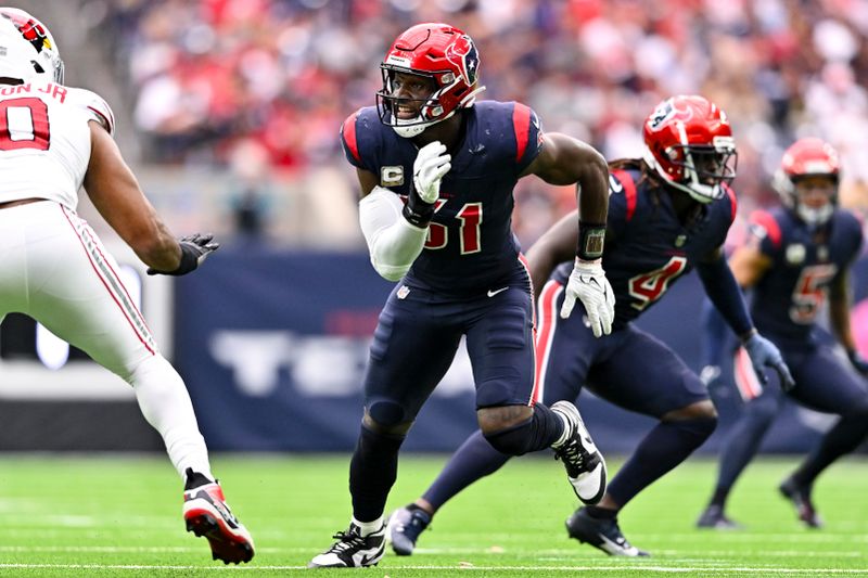 Houston Texans defensive end Will Anderson Jr. (51) in action against the Arizona Cardinals during an NFL football game, Sunday, Nov 19, 2023, in Houston. (AP Photo/Maria Lysaker)