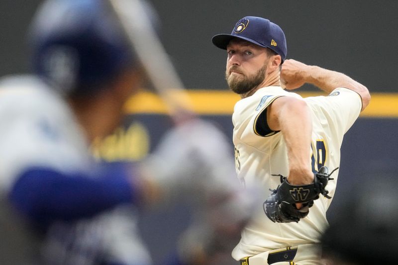 Aug 13, 2024; Milwaukee, Wisconsin, USA;  Milwaukee Brewers pitcher Colin Rea (48) throws a pitch during the first inning against the Los Angeles Dodgers at American Family Field. Mandatory Credit: Jeff Hanisch-USA TODAY Sports