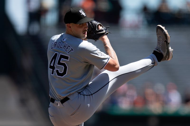 Aug 21, 2024; San Francisco, California, USA; Chicago White Sox starting pitcher Garrett Crochet (45) delivers a pitch against the San Francisco Giants during the first inning at Oracle Park. Mandatory Credit: D. Ross Cameron-USA TODAY Sports