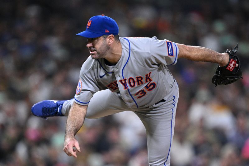 Jul 7, 2023; San Diego, California, USA; New York Mets starting pitcher Justin Verlander (35) throws a pitch against the San Diego Padres during the fifth inning at Petco Park. Mandatory Credit: Orlando Ramirez-USA TODAY Sports