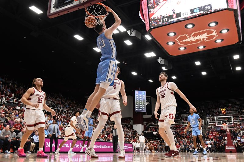 Jan 14, 2026; Stanford, California, USA; North Carolina Tar Heels center Henri Veesaar (13) dunks against the Stanford Cardinal in the second half at Maples Pavilion. Mandatory Credit: Eakin Howard-Imagn Images