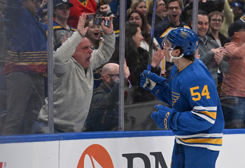 Jan 13, 2026; St. Louis, Missouri, USA; St. Louis Blues right wing Dalibor Dvorsky (54) celebrates after scoring a goal against the Carolina Hurricanes in the second period at Enterprise Center. Mandatory Credit: Joe Puetz-Imagn Images