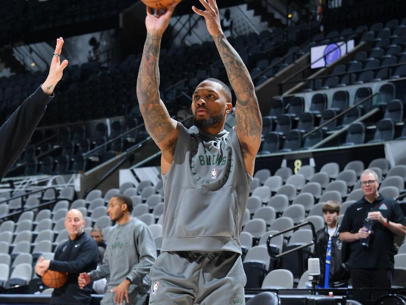 SAN ANTONIO, TX - JANUARY 31: Damian Lillard #0 of the Milwaukee Bucks warms up before the game against the San Antonio Spurs on January 31, 2025 at the Frost Bank Center in San Antonio, Texas. NOTE TO USER: User expressly acknowledges and agrees that, by downloading and or using this photograph, user is consenting to the terms and conditions of the Getty Images License Agreement. Mandatory Copyright Notice: Copyright 2025 NBAE (Photos by Michael Gonzales/NBAE via Getty Images)