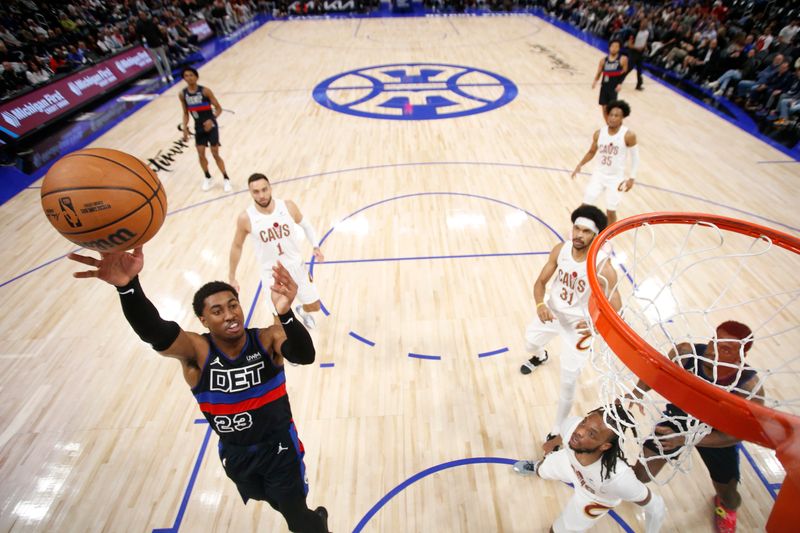 DETROIT, MI - MARCH 1: Jaden Ivey #23 of the Detroit Pistons drives to the basket during the game against the Cleveland Cavaliers on March 1, 2024 at Little Caesars Arena in Detroit, Michigan. NOTE TO USER: User expressly acknowledges and agrees that, by downloading and/or using this photograph, User is consenting to the terms and conditions of the Getty Images License Agreement. Mandatory Copyright Notice: Copyright 2024 NBAE (Photo by Brian Sevald/NBAE via Getty Images)