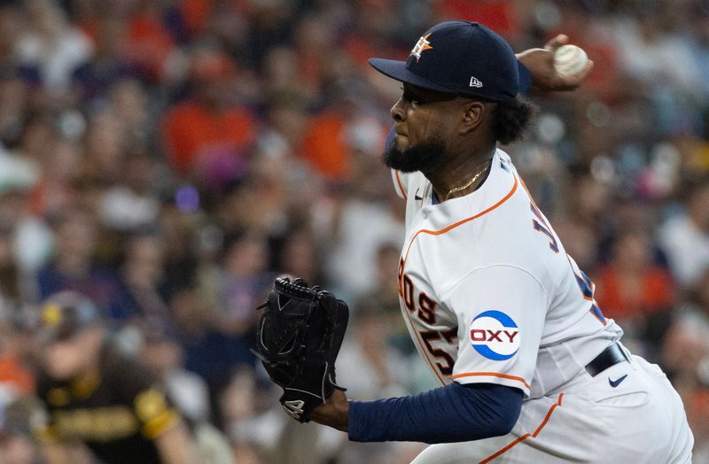 Sep 9, 2023; Houston, Texas, USA; Houston Astros starting pitcher Cristian Javier (53) pitches against the San Diego Padres in the first inning at Minute Maid Park. Mandatory Credit: Thomas Shea-USA TODAY Sports