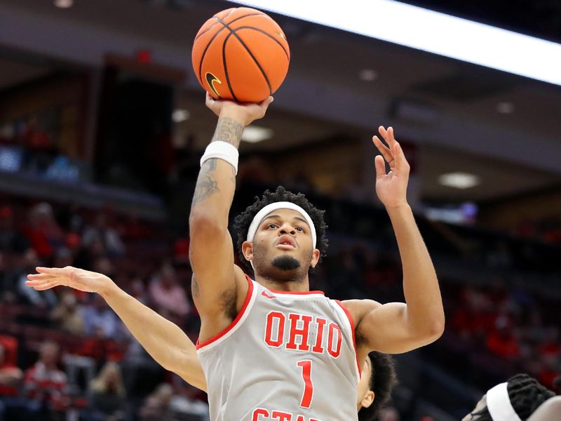 Jan 3, 2024; Columbus, Ohio, USA; Ohio State Buckeyes guard Roddy Gayle Jr. (1) shoots the ball as Rutgers Scarlet Knights center Clifford Omoruyi (11) defends during the second half at Value City Arena. Mandatory Credit: Joseph Maiorana-USA TODAY Sports