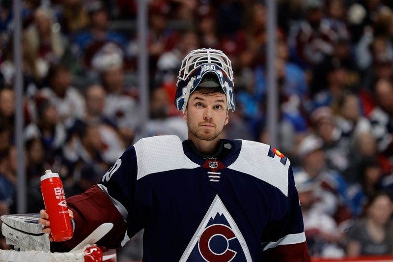 Apr 13, 2024; Denver, Colorado, USA; Colorado Avalanche goaltender Alexandar Georgiev (40) in the first period against the Winnipeg Jets at Ball Arena. Mandatory Credit: Isaiah J. Downing-USA TODAY Sports