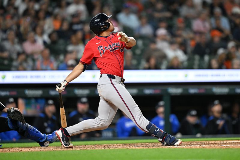 Sep 19, 2025; Detroit, Michigan, USA; Atlanta Braves catcher Drake Baldwin (30) hits a two run home run against the Detroit Tigers in the ninth inning at Comerica Park. Mandatory Credit: Lon Horwedel-Imagn Images