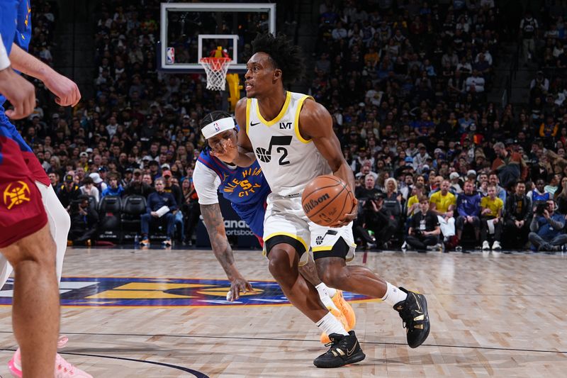 DENVER, CO - MARCH 9: Colin Sexton #2 of the Utah Jazz dribbles the ball during the game against the Denver Nuggets on March 9, 2024 at the Ball Arena in Denver, Colorado. NOTE TO USER: User expressly acknowledges and agrees that, by downloading and/or using this Photograph, user is consenting to the terms and conditions of the Getty Images License Agreement. Mandatory Copyright Notice: Copyright 2024 NBAE (Photo by Garrett Ellwood/NBAE via Getty Images)