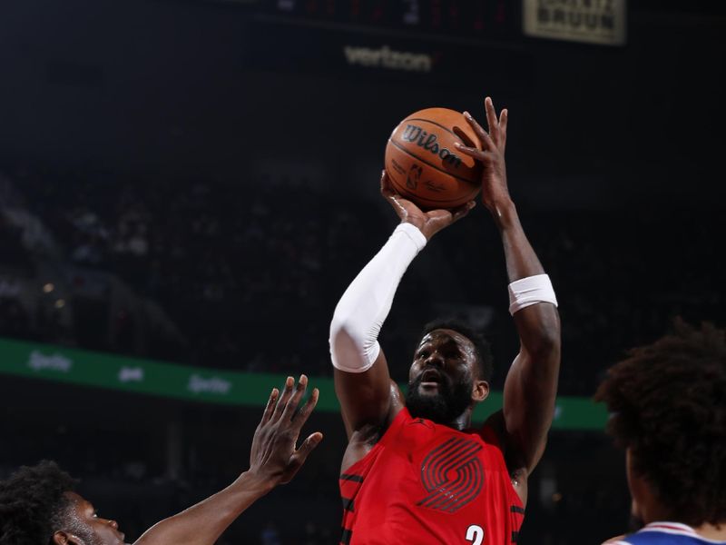 PORTLAND, OR - JANUARY 29: Deandre Ayton #2 of the Portland Trail Blazers shoots the ball during the game against the Philadelphia 76ers on January 29, 2024 at the Moda Center Arena in Portland, Oregon. NOTE TO USER: User expressly acknowledges and agrees that, by downloading and or using this photograph, user is consenting to the terms and conditions of the Getty Images License Agreement. Mandatory Copyright Notice: Copyright 2024 NBAE (Photo by Cameron Browne/NBAE via Getty Images)