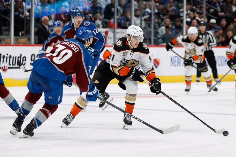 Dec 5, 2023; Denver, Colorado, USA; Anaheim Ducks center Leo Carlsson (91) controls the puck as Colorado Avalanche defenseman Sam Malinski (70) defends in the third period at Ball Arena. Mandatory Credit: Isaiah J. Downing-USA TODAY Sports