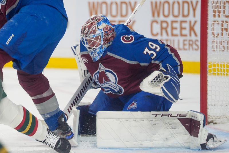 Dec 21, 2025; Saint Paul, Minnesota, USA; Colorado Avalanche goaltender Mackenzie Blackwood (39) attempts to follow the puck in the third period against the Minnesota Wild at Grand Casino Arena. Mandatory Credit: Matt Blewett-Imagn Images