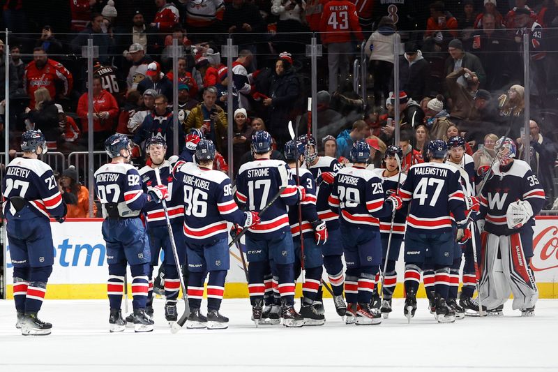 Jan 16, 2024; Washington, District of Columbia, USA; Washington Capitals goaltender Darcy Kuemper (35) celebrates with teammates after their game against the Anaheim Ducks at Capital One Arena. Mandatory Credit: Geoff Burke-USA TODAY Sports