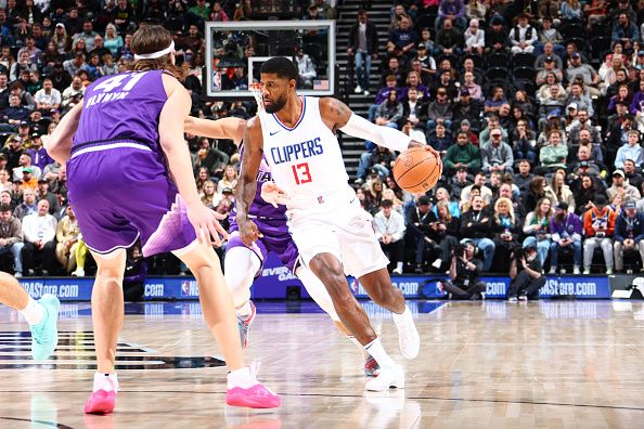 SALT LAKE CITY, UT - DECEMBER 8: Paul George #13 of the LA Clippers dribbles the ball during the game against the Utah Jazz on December 8, 2023 at vivint.SmartHome Arena in Salt Lake City, Utah. NOTE TO USER: User expressly acknowledges and agrees that, by downloading and or using this Photograph, User is consenting to the terms and conditions of the Getty Images License Agreement. Mandatory Copyright Notice: Copyright 2023 NBAE (Photo by Melissa Majchrzak/NBAE via Getty Images)