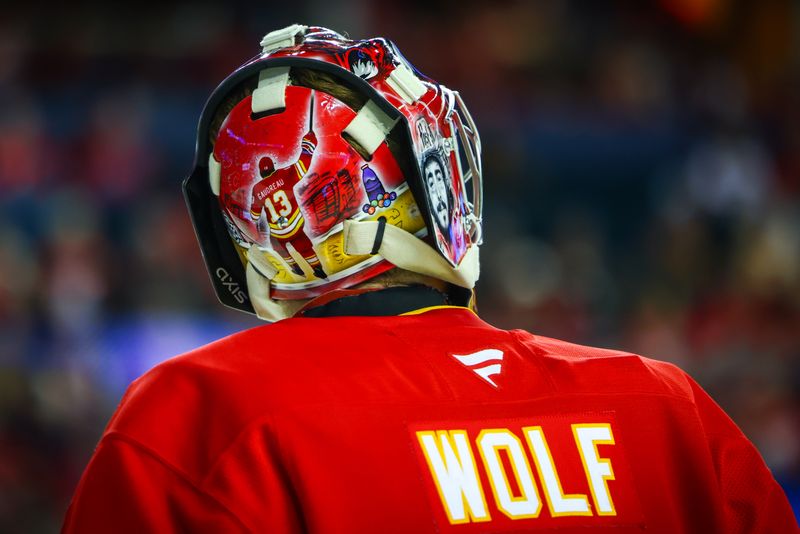 Nov 11, 2024; Calgary, Alberta, CAN; General view of Calgary Flames goaltender Dustin Wolf (32) helmet during the third period against the Los Angeles Kings at Scotiabank Saddledome. Mandatory Credit: Sergei Belski-Imagn Images