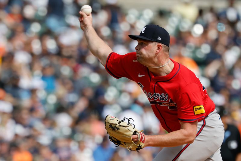 Sep 20, 2025; Detroit, Michigan, USA;  Atlanta Braves pitcher Hunter Stratton (65) pitches in the sixth inning against the Detroit Tigers at Comerica Park. Mandatory Credit: Rick Osentoski-Imagn Images