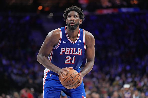 PHILADELPHIA, PA - JANUARY 2: Joel Embiid #21 of the Philadelphia 76ers shoots a free throw during the game against the Chicago Bulls on January 2, 2024 at the Wells Fargo Center in Philadelphia, Pennsylvania NOTE TO USER: User expressly acknowledges and agrees that, by downloading and/or using this Photograph, user is consenting to the terms and conditions of the Getty Images License Agreement. Mandatory Copyright Notice: Copyright 2023 NBAE (Photo by Jesse D. Garrabrant/NBAE via Getty Images)