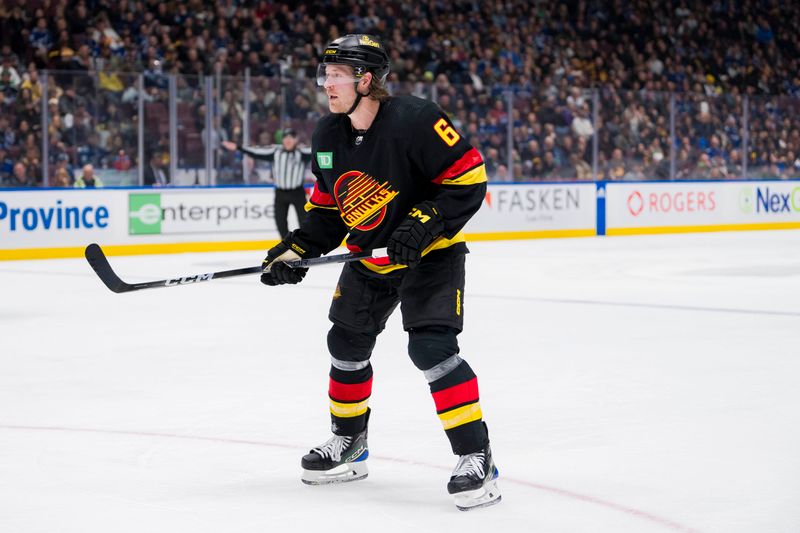 Feb 29, 2024; Vancouver, British Columbia, CAN; Vancouver Canucks forward Brock Boeser (6) skates against the Los Angeles Kings in the third period at Rogers Arena. Kings won 5-1. Mandatory Credit: Bob Frid-USA TODAY Sports