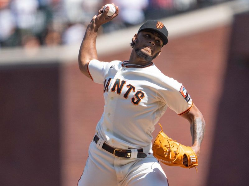 Aug 13, 2023; San Francisco, California, USA; San Francisco Giants relief pitcher Camilo Doval (75) pitches during the ninth inning against the Texas Rangers at Oracle Park. Mandatory Credit: Stan Szeto-USA TODAY Sports