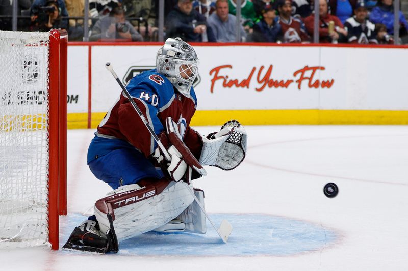 May 11, 2024; Denver, Colorado, USA; Colorado Avalanche goaltender Alexandar Georgiev (40) in the third period against the Dallas Stars in game three of the second round of the 2024 Stanley Cup Playoffs at Ball Arena. Mandatory Credit: Isaiah J. Downing-USA TODAY Sports