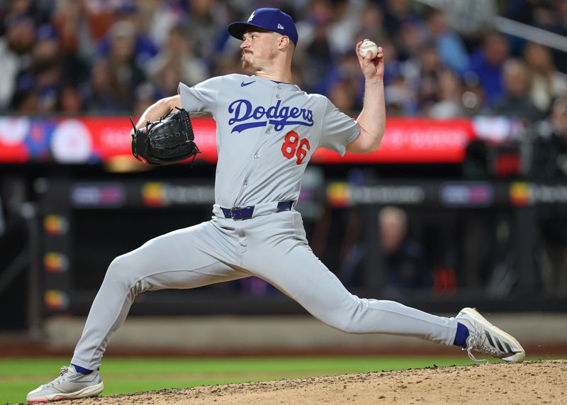 May 25, 2025; New York City, New York, USA; Los Angeles Dodgers relief pitcher Jack Dreyer (86) delivers a pitch during the seventh inning against the New York Mets at Citi Field. Mandatory Credit: Vincent Carchietta-Imagn Images