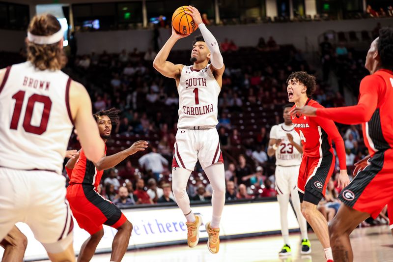 Mar 4, 2023; Columbia, South Carolina, USA; South Carolina Gamecocks guard Jacobi Wright (1) shoots against the Georgia Bulldogs in the first half at Colonial Life Arena. Mandatory Credit: Jeff Blake-USA TODAY Sports