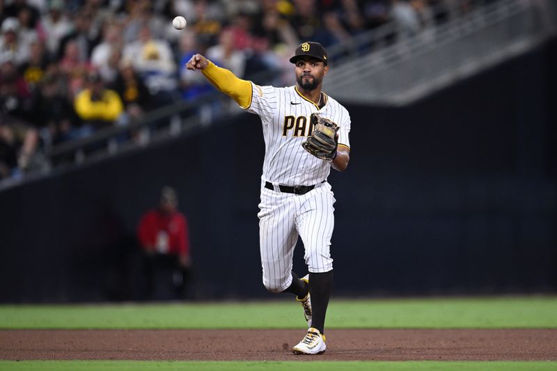 Jul 8, 2023; San Diego, California, USA; San Diego Padres shortstop Xander Bogaerts (2) throws to first base on a ground out by New York Mets first baseman Pete Alonso (not pictured) during the sixth inning at Petco Park. Mandatory Credit: Orlando Ramirez-USA TODAY Sports