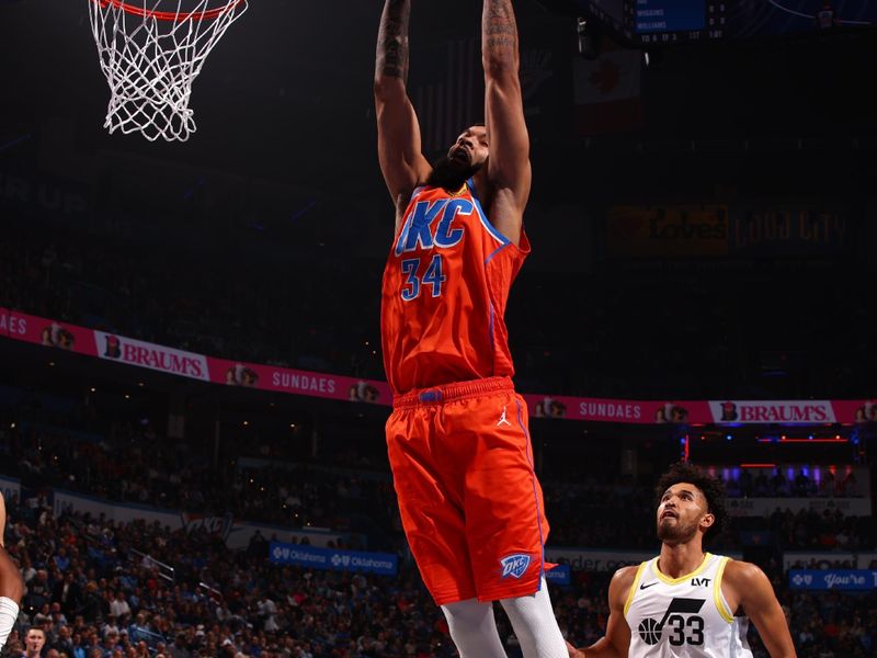 OKLAHOMA CITY, OK - DECEMBER 3: Kenrich Williams #34 of the Oklahoma City Thunder grabs the rebound during the game against the Utah Jazz during the Emirates NBA Cup game on on December 3, 2024 at Paycom Center in Oklahoma City, Oklahoma. NOTE TO USER: User expressly acknowledges and agrees that, by downloading and or using this photograph, User is consenting to the terms and conditions of the Getty Images License Agreement. Mandatory Copyright Notice: Copyright 2024 NBAE (Photo by Zach Beeker/NBAE via Getty Images)