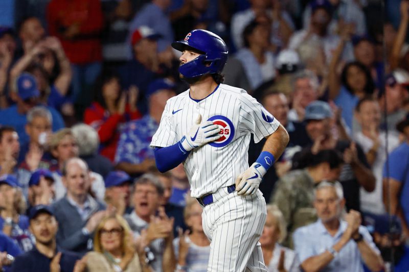 Sep 4, 2024; Chicago, Illinois, USA; Chicago Cubs shortstop Dansby Swanson (7) rounds the bases after hitting a two-run home run against the Pittsburgh Pirates during the third inning at Wrigley Field. Mandatory Credit: Kamil Krzaczynski-Imagn Images