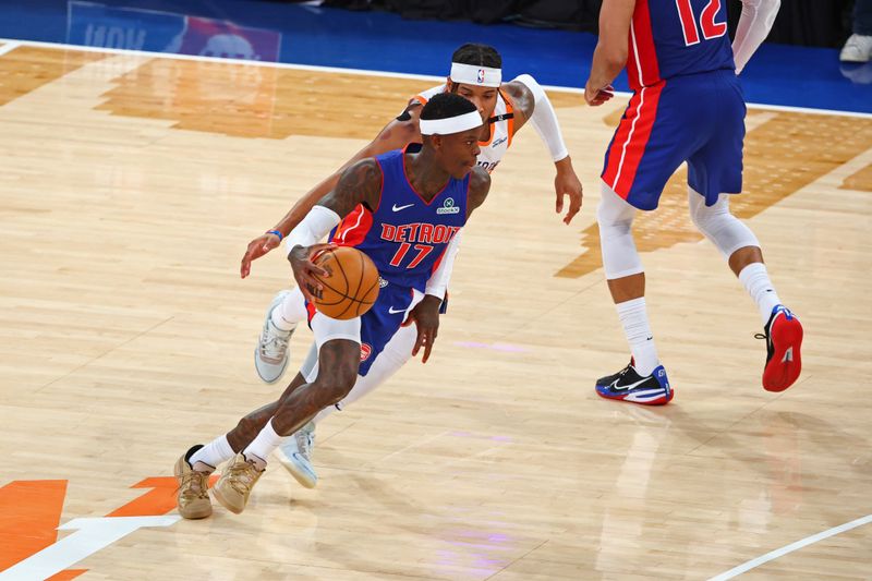 NEW YORK, NY - APRIL 29: Dennis Schroder #17 of the Detroit Pistons dribbles the ball during the game against the New York Knicks during round 1 around game 5 on April 29, 2025 at Madison Square Garden in New York City, New York.  NOTE TO USER: User expressly acknowledges and agrees that, by downloading and or using this photograph, User is consenting to the terms and conditions of the Getty Images License Agreement. Mandatory Copyright Notice: Copyright 2025 NBAE  (Photo by David L. Nemec/NBAE via Getty Images)
