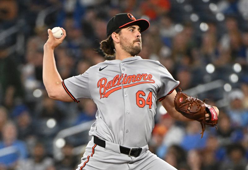 Aug 8, 2024; Toronto, Ontario, CAN; Baltimore Orioles pitcher Dean Kremer (64) pitches in the first inning against the Toronto Blue Jays at Rogers Centre. Mandatory Credit: Gerry Angus-USA TODAY Sports