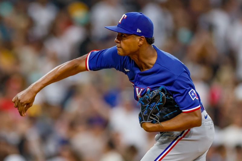 Jul 29, 2023; San Diego, California, USA; Texas Rangers relief pitcher Jose Leclerc (25) throws a pitch during the seventh inning against the against the San Diego Padres at Petco Park. Mandatory Credit: David Frerker-USA TODAY Sports