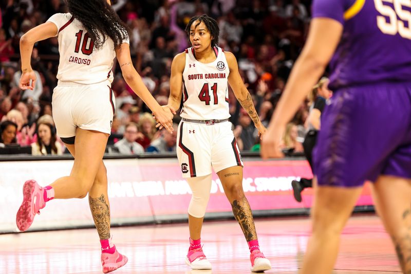 Feb 12, 2023; Columbia, South Carolina, USA; South Carolina Gamecocks guard Kierra Fletcher (41) and center Kamilla Cardoso (10) celebrate a play in the first half at Colonial Life Arena. Mandatory Credit: Jeff Blake-USA TODAY Sports