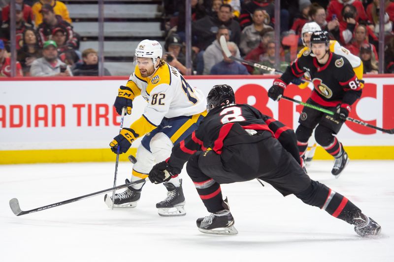 Jan 29, 2024; Ottawa, Ontario, CAN; Nashville Predators center Tommy Novak (82) shoots the puck past Ottawa Senators defenseman Artem Zub (2) in the second period at the Canadian Tire Centre. Mandatory Credit: Marc DesRosiers-USA TODAY Sports