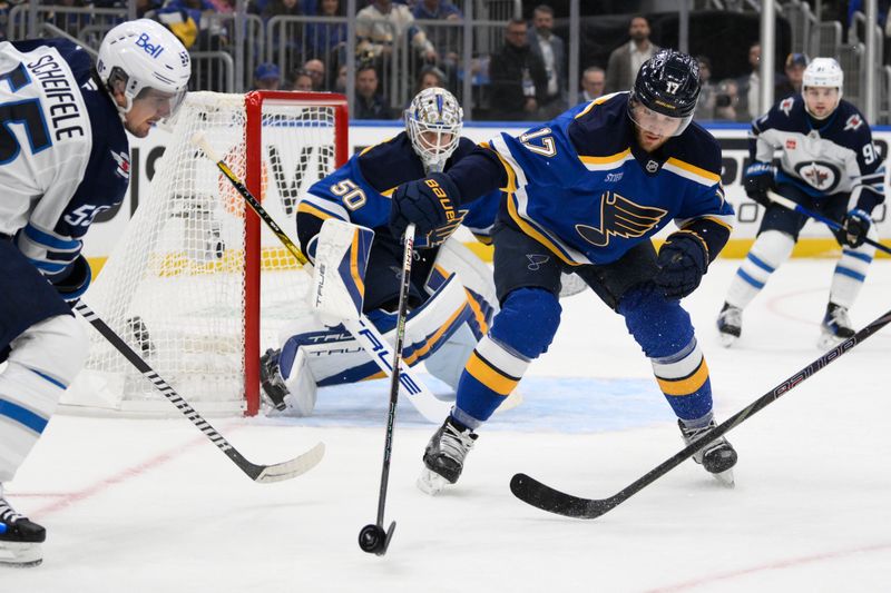 Apr 27, 2025; St. Louis, Missouri, USA; St. Louis Blues defenseman Cam Fowler (17) defends the net from Winnipeg Jets center Mark Scheifele (55) during the first period in game four of the first round of the 2025 Stanley Cup Playoffs at Enterprise Center. Mandatory Credit: Jeff Le-Imagn Images
